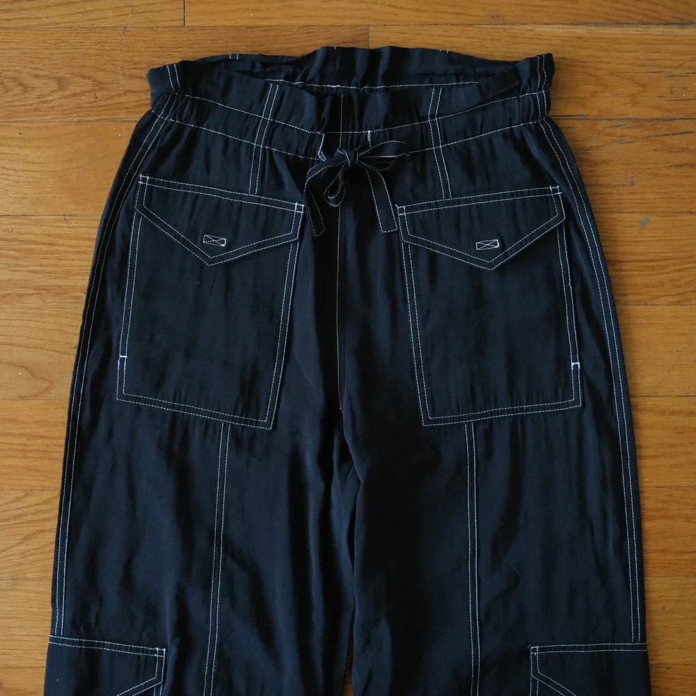 Ganni Wide-Leg Drawstring Cargo Pants Black Contrast Stitch Size 34 Utility
